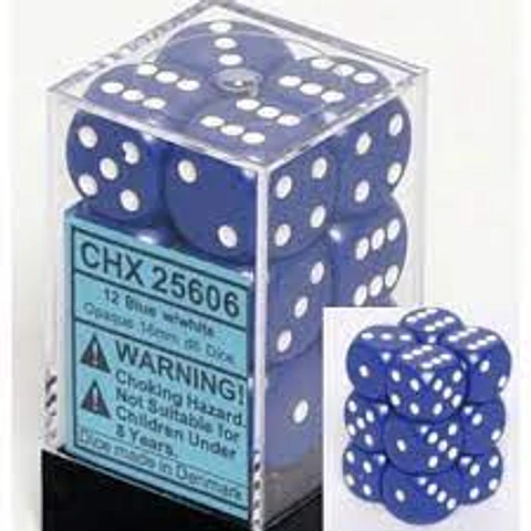 Set de 12 dados (6 lados) Opaque Azul-Blanco