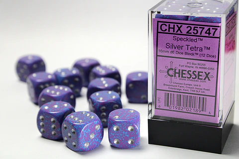 Set de 12 dados (6 lados) 16mm Speckled: Silver Tetra 