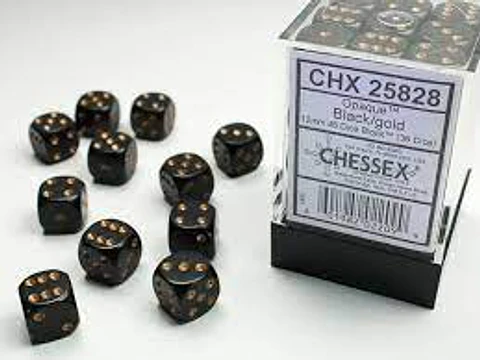 Set de 36 dados de 12mm (6 lados) Opaque Negro-Dorado