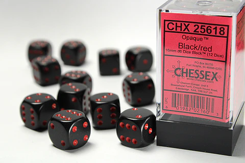 Set de 12 dados (6 lados): Opaque Negro/Rojo