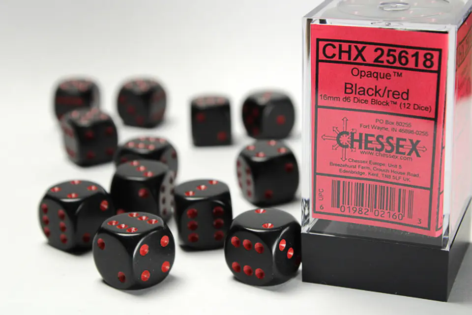 Set de 12 dados (6 lados): Opaque Negro/Rojo 1