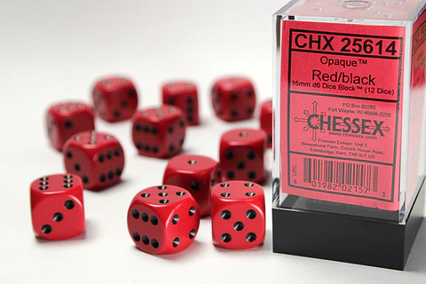 Set de 12 dados (6 lados) Opaque Rojo-Negro