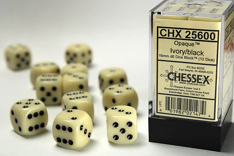 Set de 12 dados (6 lados) Opaque Marfil-Negro