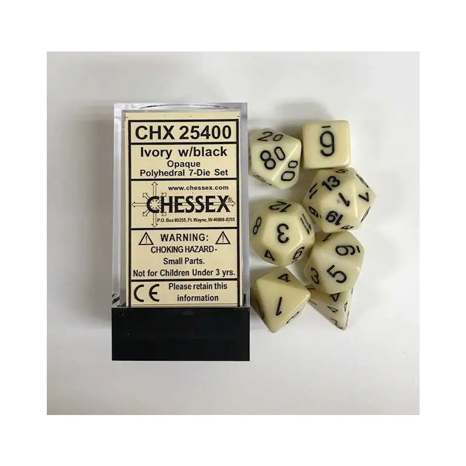 Set de 7 dados (varios lados) Opaque Marfil-Negro 1