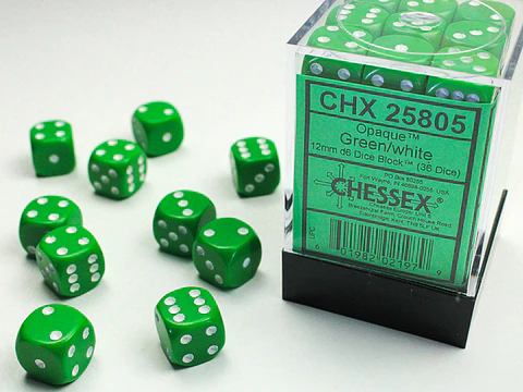 Set de 36 dados de 12mm (6 lados) Opaque Verde-Blanco