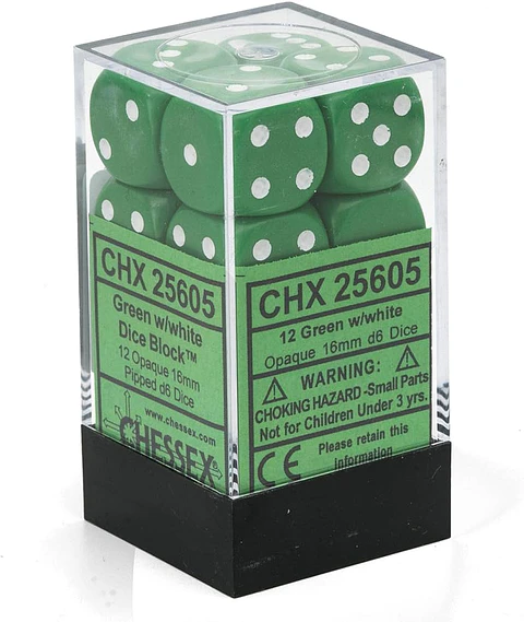 Set de 12 dados (6 lados) Opaque Verde-Blanco