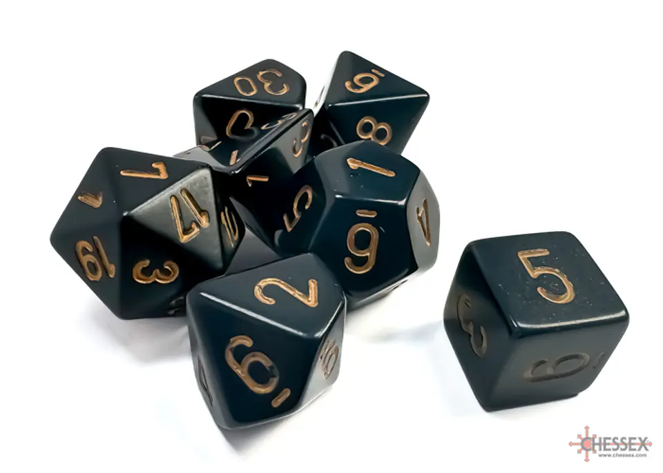 Set de 7 dados (varios lados) Opaque Negro-Dorado  2