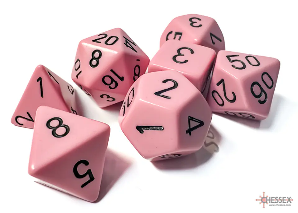 Set de 7 dados (varios lados) Opaque Rosado Pastel-Negro  2