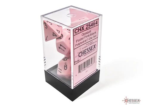 Set de 7 dados (varios lados) Opaque Rosado Pastel-Negro 