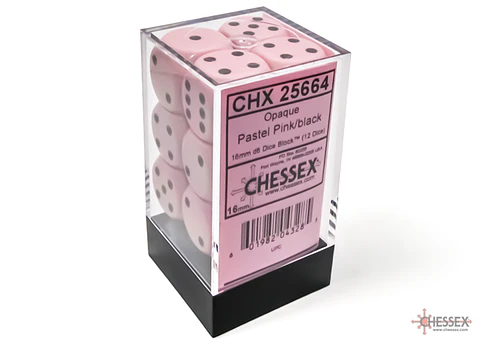 Set de 12 dados (6 lados) Opaque Rosado Pastel-Negro 