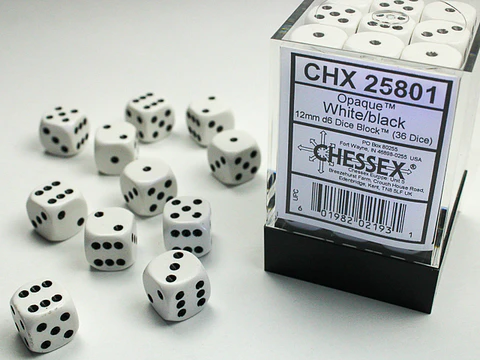 Set de 36 dados de 12mm (6 lados) Opaque Blanco-Negro