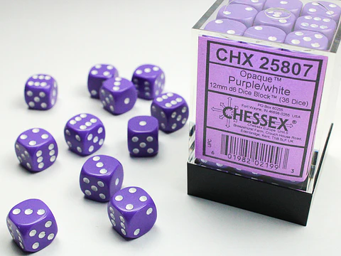 Set de 36 dados de 12mm (6 lados) Opaque Purpura-Blanco