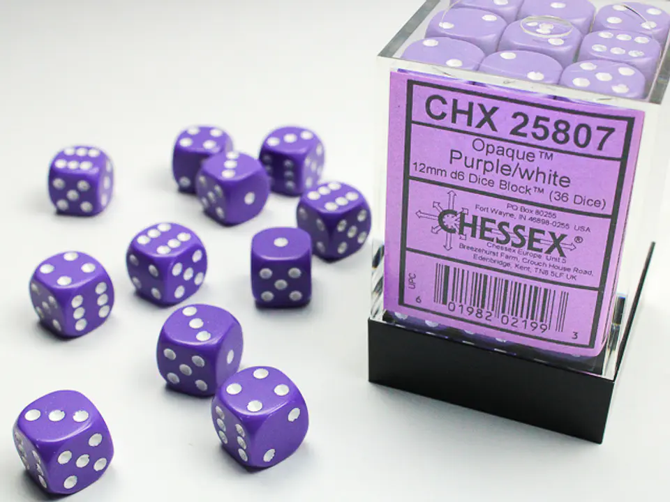 Set de 36 dados de 12mm (6 lados) Opaque Purpura-Blanco 1