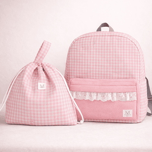 Mochila Vichy Rosada + Bolsa Multiuso