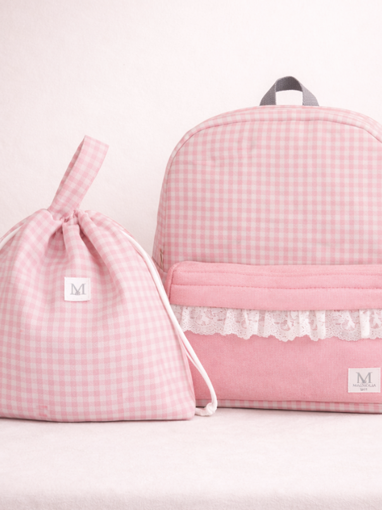 Mochila Vichy Rosada + Bolsa Multiuso 1