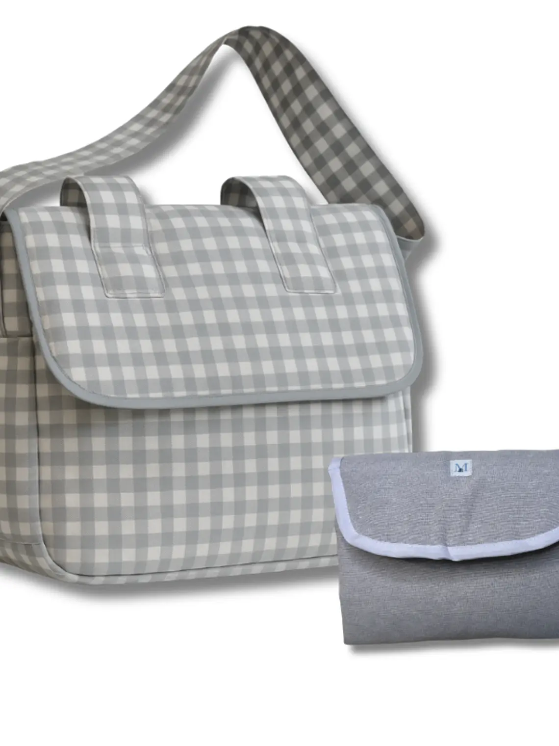 Pack Bolso de Coche Vichy Gris Cuadros Chicos + Mudador Portátil  1