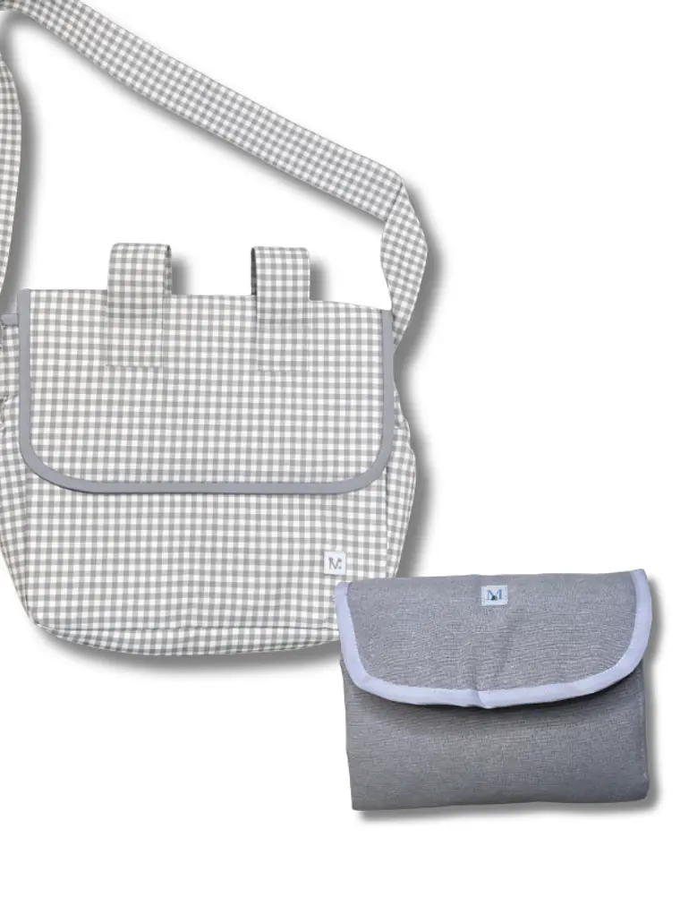 Pack Bolso de Coche Vichy Gris Cuadros Grandes + Mudador Portátil 1