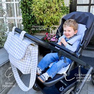 Pack Bolso de Coche Vichy Gris Cuadros Grandes + Mudador Portátil