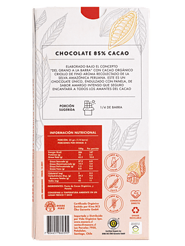 Chocolate 85% Cacao Orgánico 100 grs