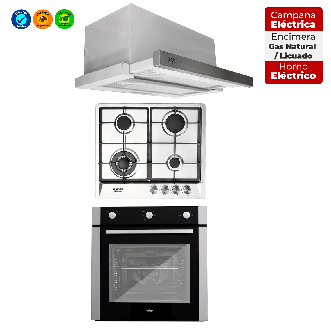 Kit Horno 60 litros con spiedo + Encimera a gas 4 quemadores + Campana retráctil	 1