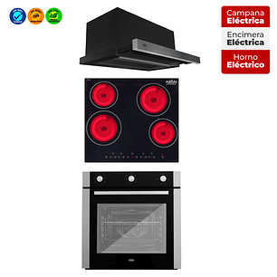 Kit Horno 60 litros con spiedo + Encimera vitrocerámica 4 quemadores + Campana retráctil	