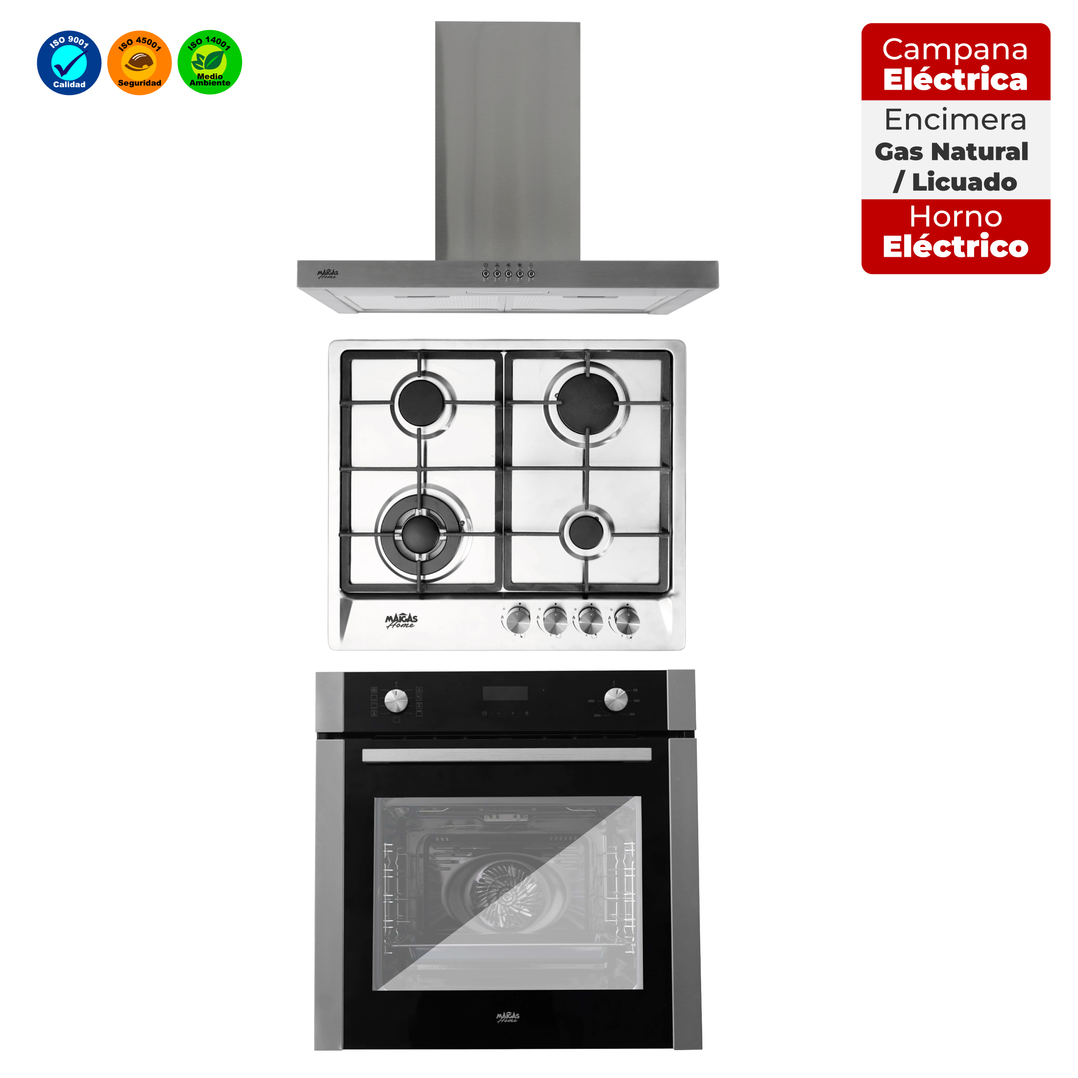 Kit Horno 60 litros con spiedo + Encimera a gas 4 quemadores + Campana decorativa rectangular - Retaildigital.cl