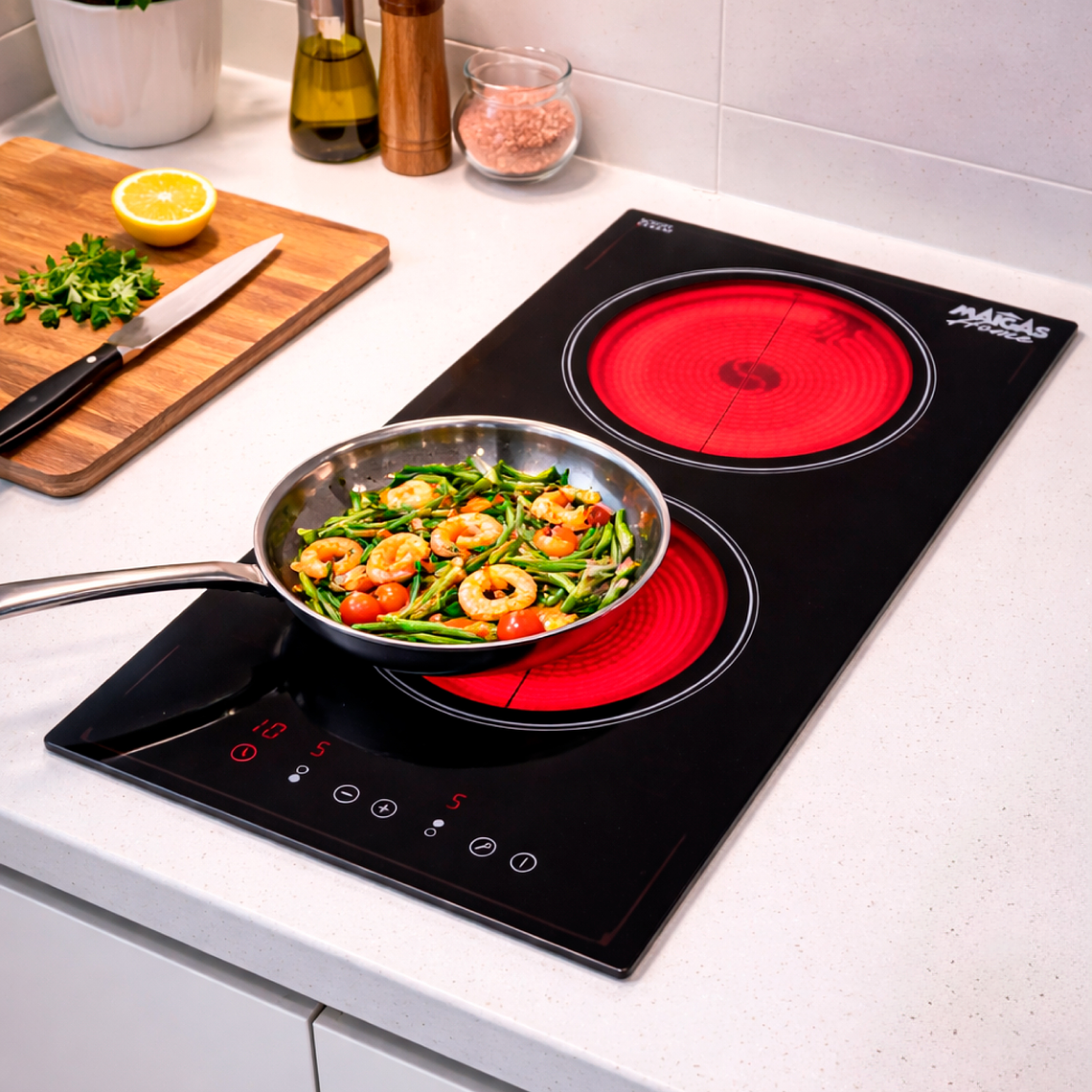 Kit Encimera eléctrica vitrocerámica 2 quemadores + Campana retráctil gris	 2