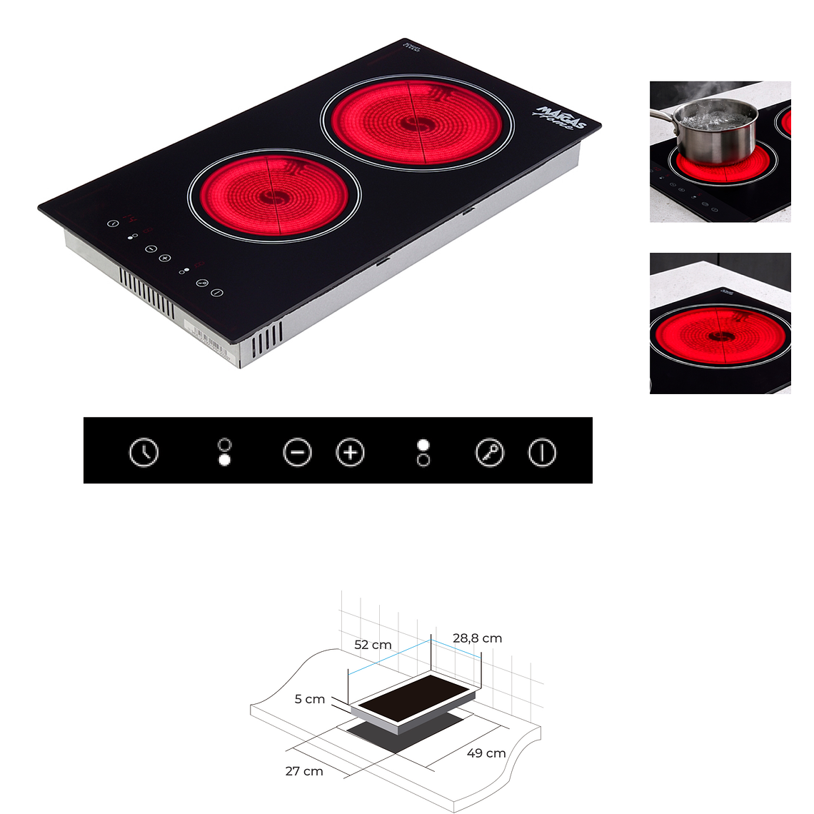 Kit Encimera eléctrica vitrocerámica 2 quemadores + Campana retráctil gris	 3