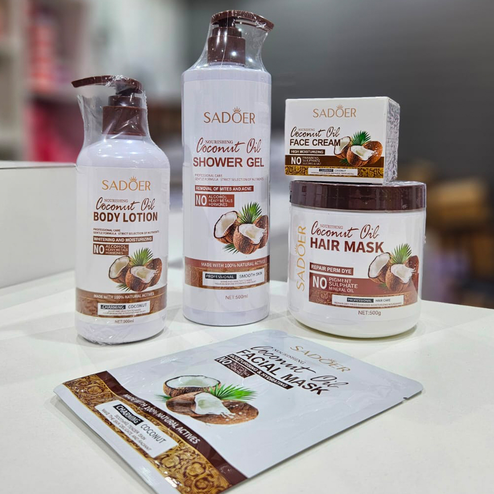 Sadoer - Kit 5 productos Loción Corporal- Gel de Ducha - Crema Facial - Mascara Facial- Mascarilla Capilar de Coco  1