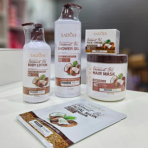 Sadoer - Kit 5 productos Loción Corporal- Gel de Ducha - Crema Facial - Mascara Facial- Mascarilla Capilar de Coco 