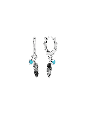 Pendientes de Aro de Plata con Plumas y Esmalte Turquesa - Estilo Pandora 1