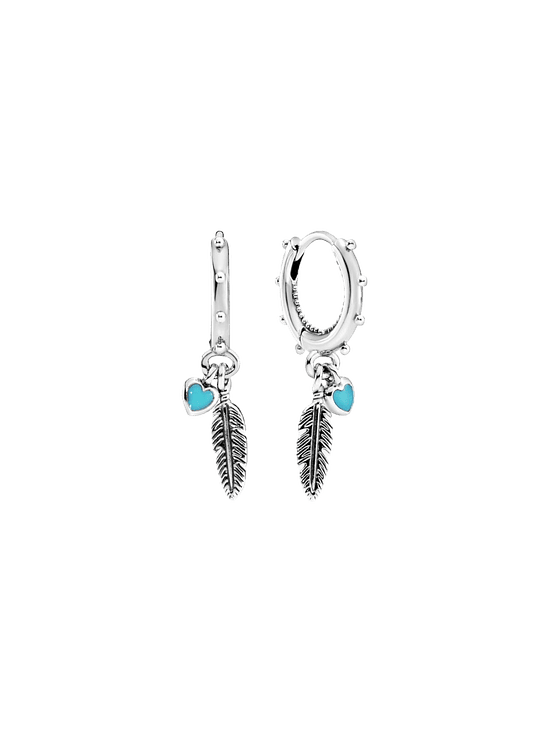 Pendientes de Aro de Plata con Plumas y Esmalte Turquesa - Estilo Pandora 1