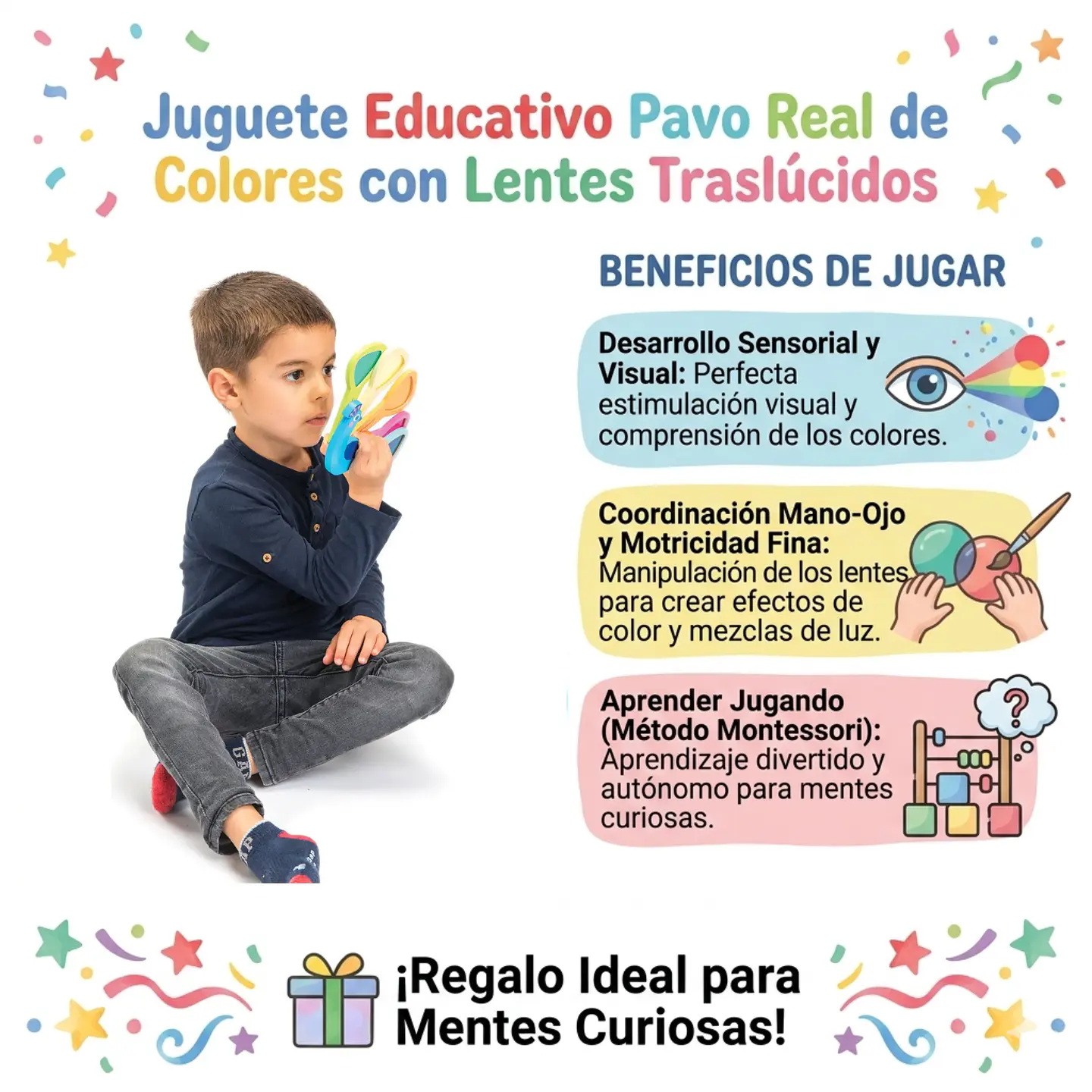 Juguete Estimulación Sensorial Pavo Real Madera Lentes Color 4
