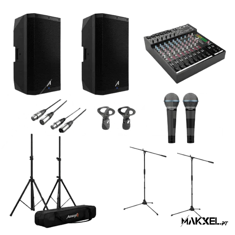 KIT Audibax 15 2 x DSP 15 + Mesa 1202 FFX + 2 suportes + 2 cabos XLR 6M + 2 clipes + 2 microfones SM58