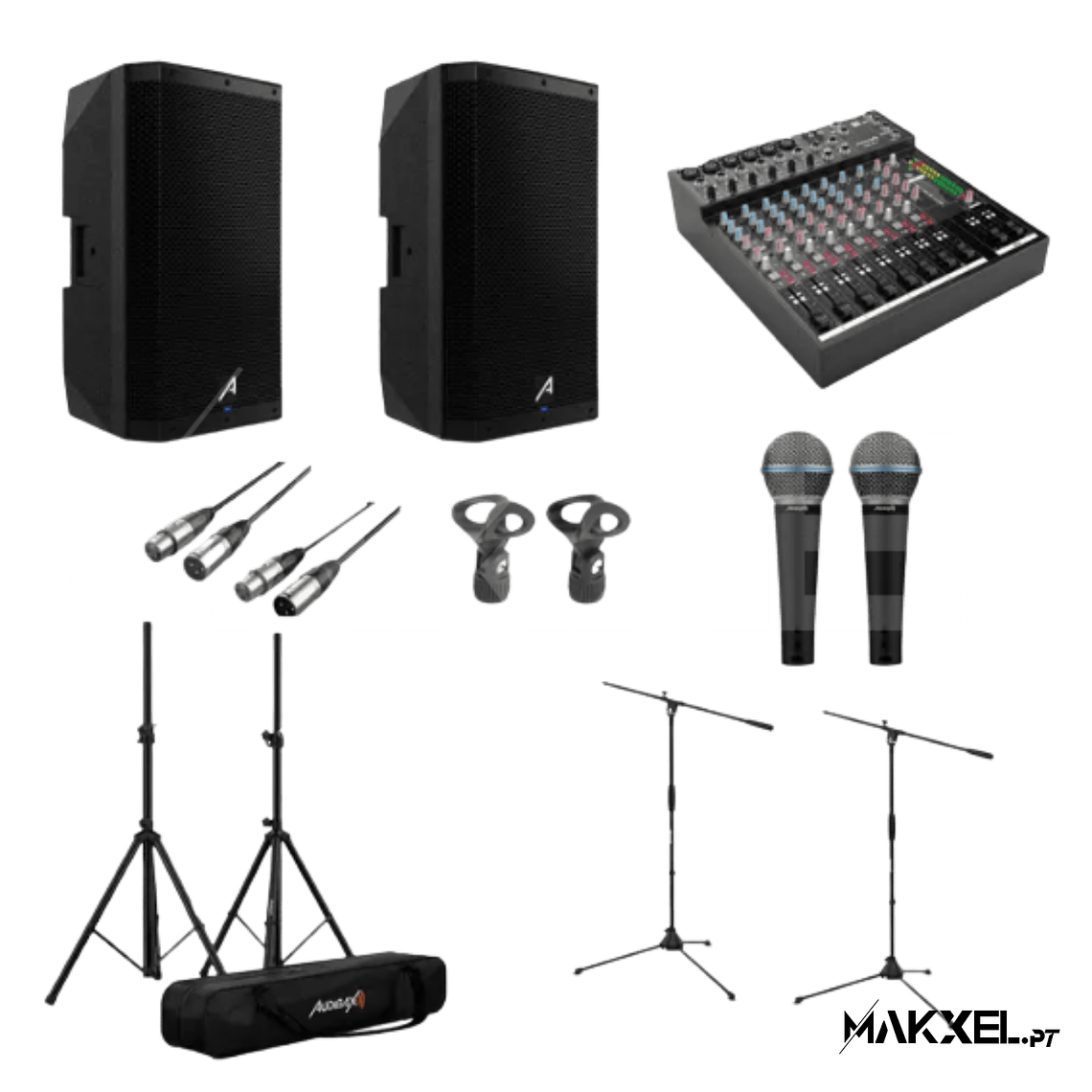 KIT Audibax 15 2 x DSP 15 + Mesa 1202 FFX + 2 suportes + 2 cabos XLR 6M + 2 clipes + 2 microfones SM58 1