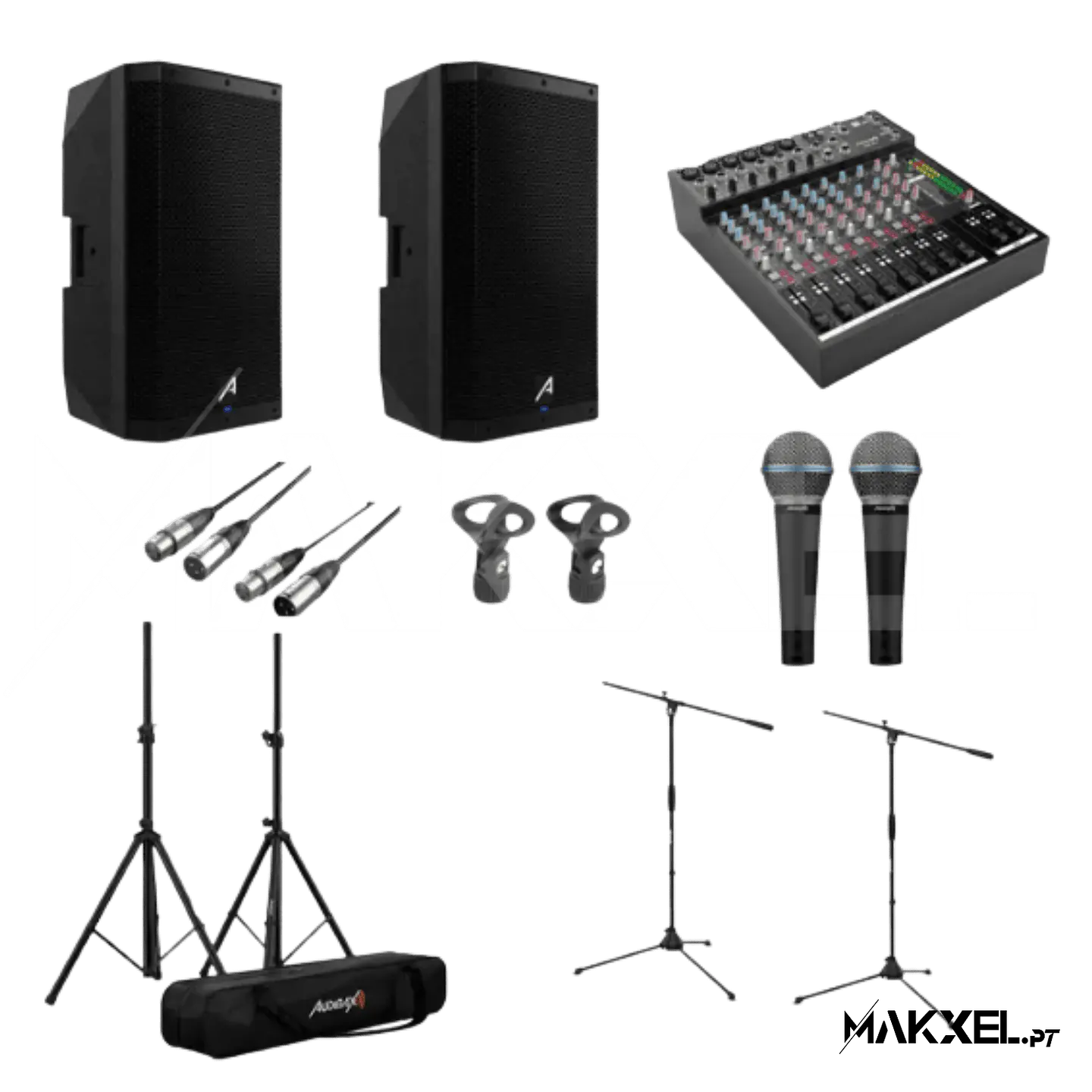 KIT Audibax 15 2 x DSP 15 + Mesa 1202 FFX + 2 suportes + 2 cabos XLR 6M + 2 clipes + 2 microfones SM58 1