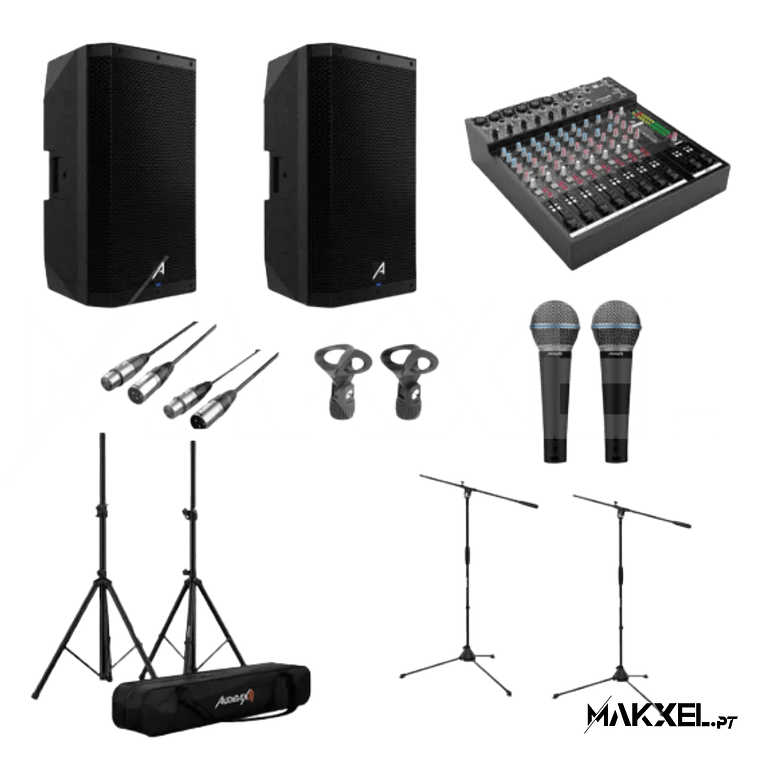KIT Audibax 15 2 x DSP 15 + Mesa 1202 FFX + 2 suportes + 2 cabos XLR 6M + 2 clipes + 2 microfones SM58 1