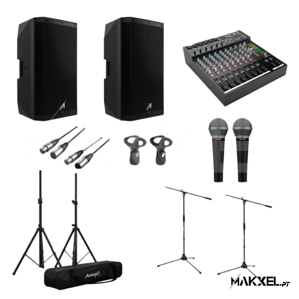 KIT Audibax 15 2 x DSP 15 + Mesa 1202 FFX + 2 suportes + 2 cabos XLR 6M + 2 clipes + 2 microfones SM58 1