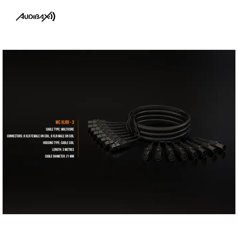 Cabo Audibax MC - XLR8 – 3M Multicore 8 XLR Macho 8 XLR Fêmea 7