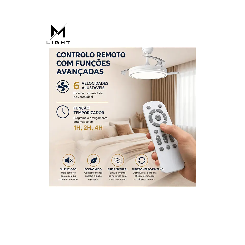 Ventoinha de teto com função verão/inverno, 48W, branco, 3 pás, comando e temporizador 5