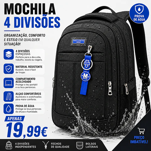 Mochila preta impermeável 4 divisões 
