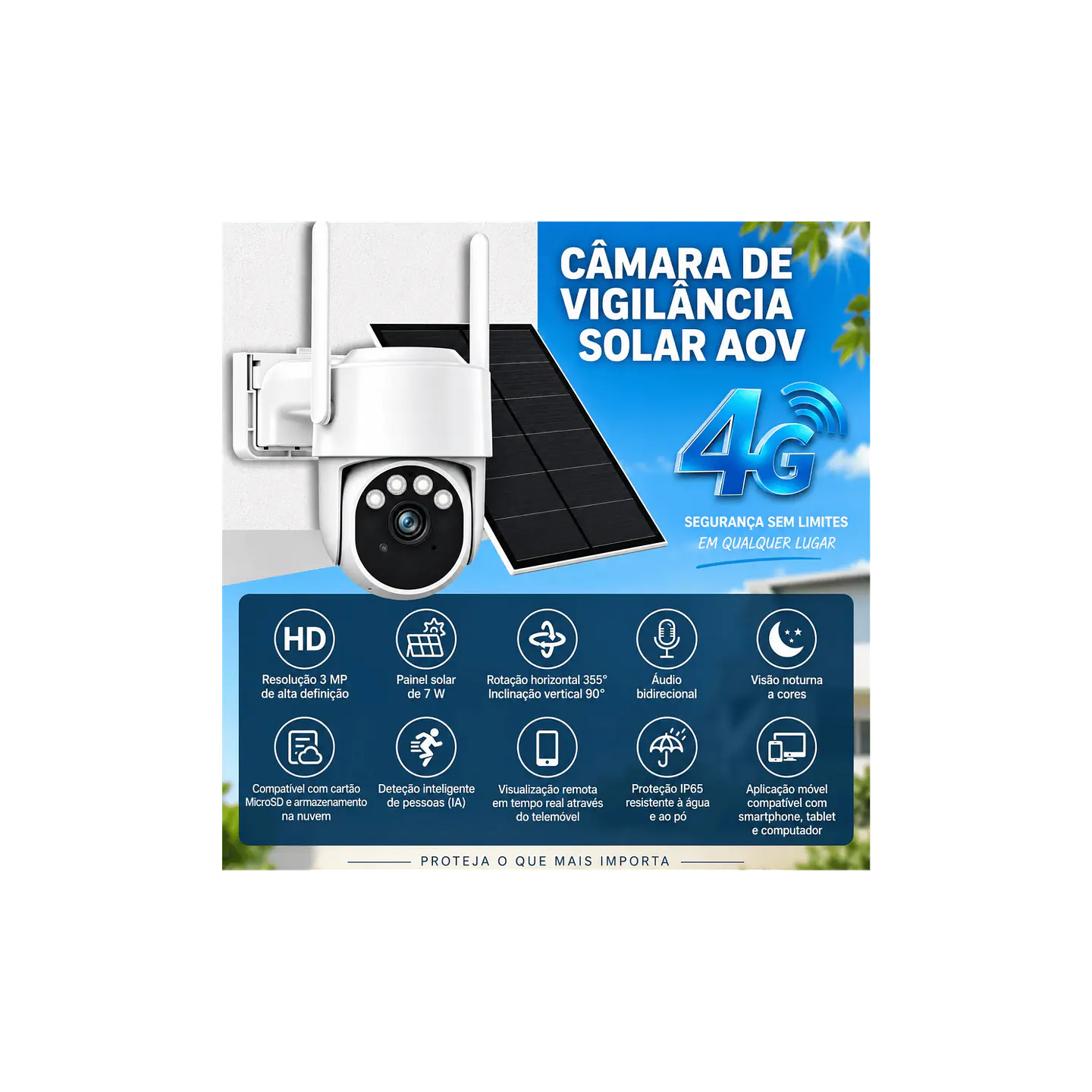 Câmera de vigilância solar 4G AOV 3MP com painel solar de 7W 3