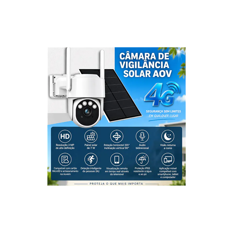 Câmera de vigilância solar 4G AOV 3MP com painel solar de 7W 3
