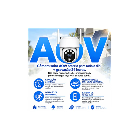 Câmera de vigilância solar 4G AOV 3MP com painel solar de 7W