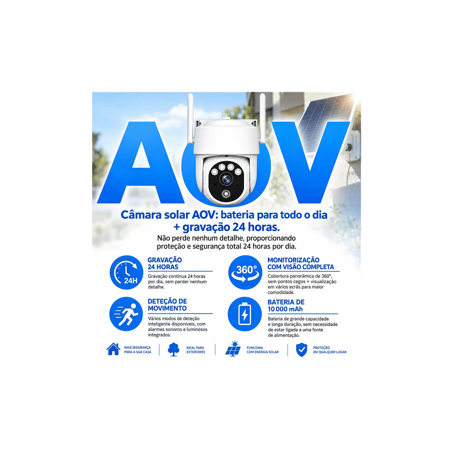 Câmera de vigilância solar 4G AOV 3MP com painel solar de 7W 2