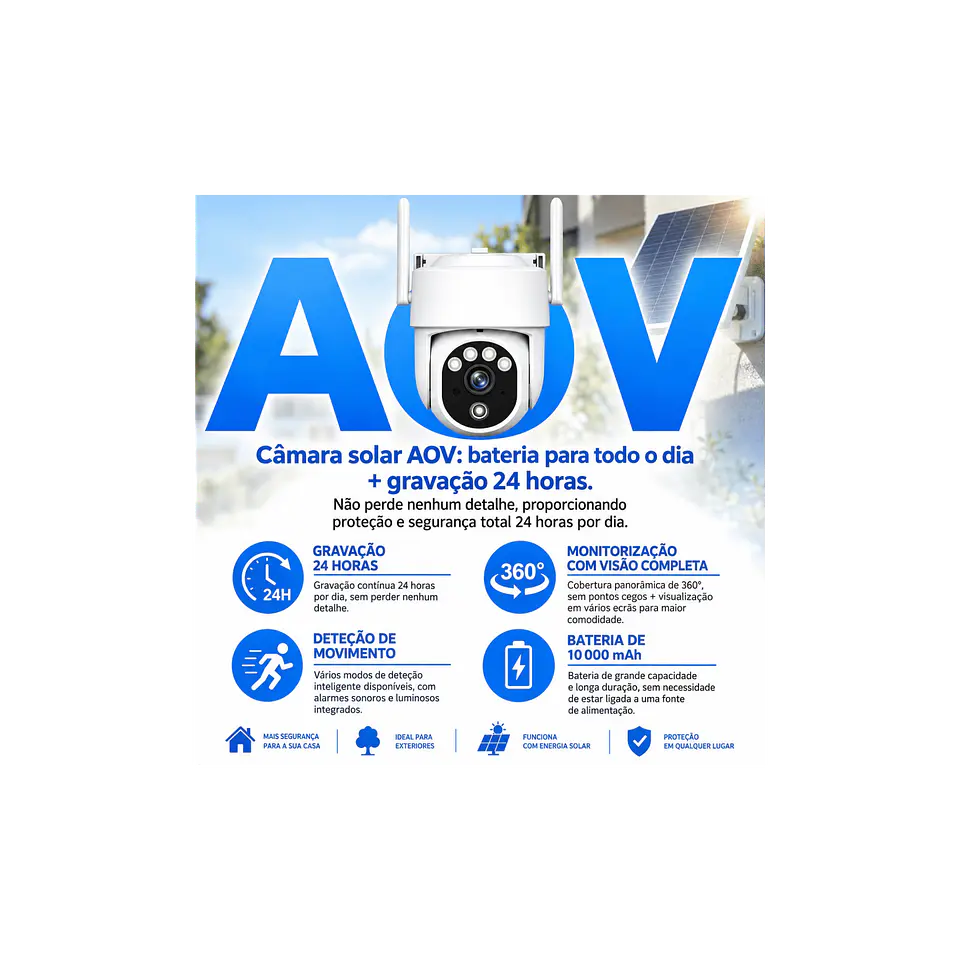Câmera de vigilância solar 4G AOV 3MP com painel solar de 7W 2