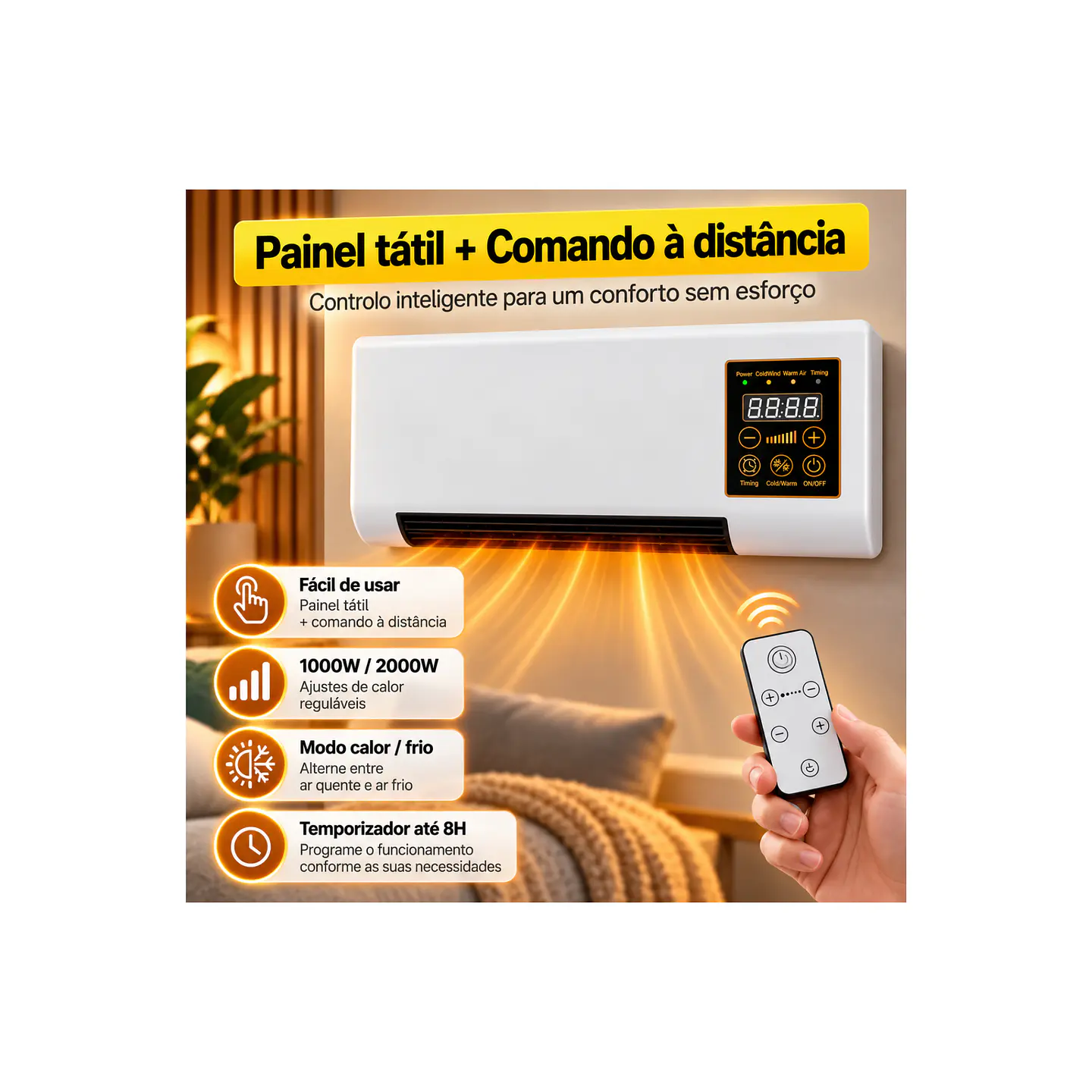 Aquecedor de Parede 2000W com Comando, Painel Tátil e Temporizador 8H 4