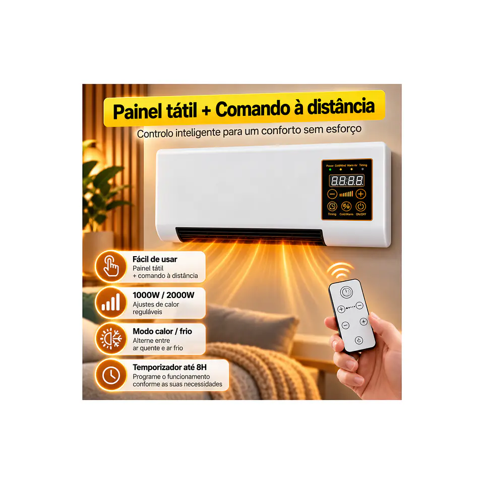 Aquecedor de Parede 2000W com Comando, Painel Tátil e Temporizador 8H 4