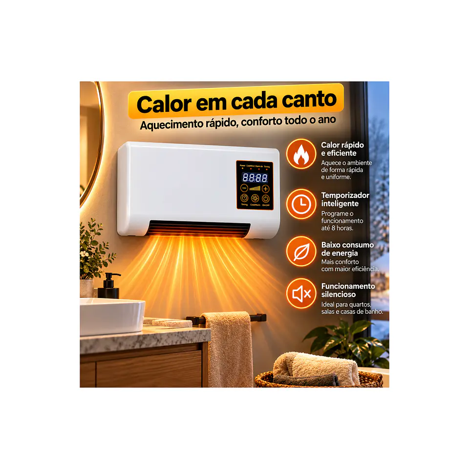 Aquecedor de Parede 2000W com Comando, Painel Tátil e Temporizador 8H 5