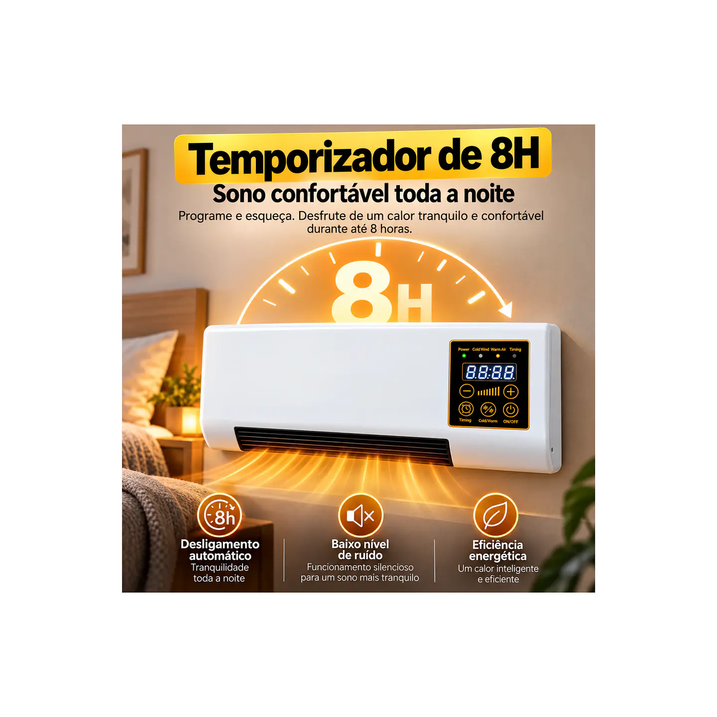 Aquecedor de Parede 2000W com Comando, Painel Tátil e Temporizador 8H 6
